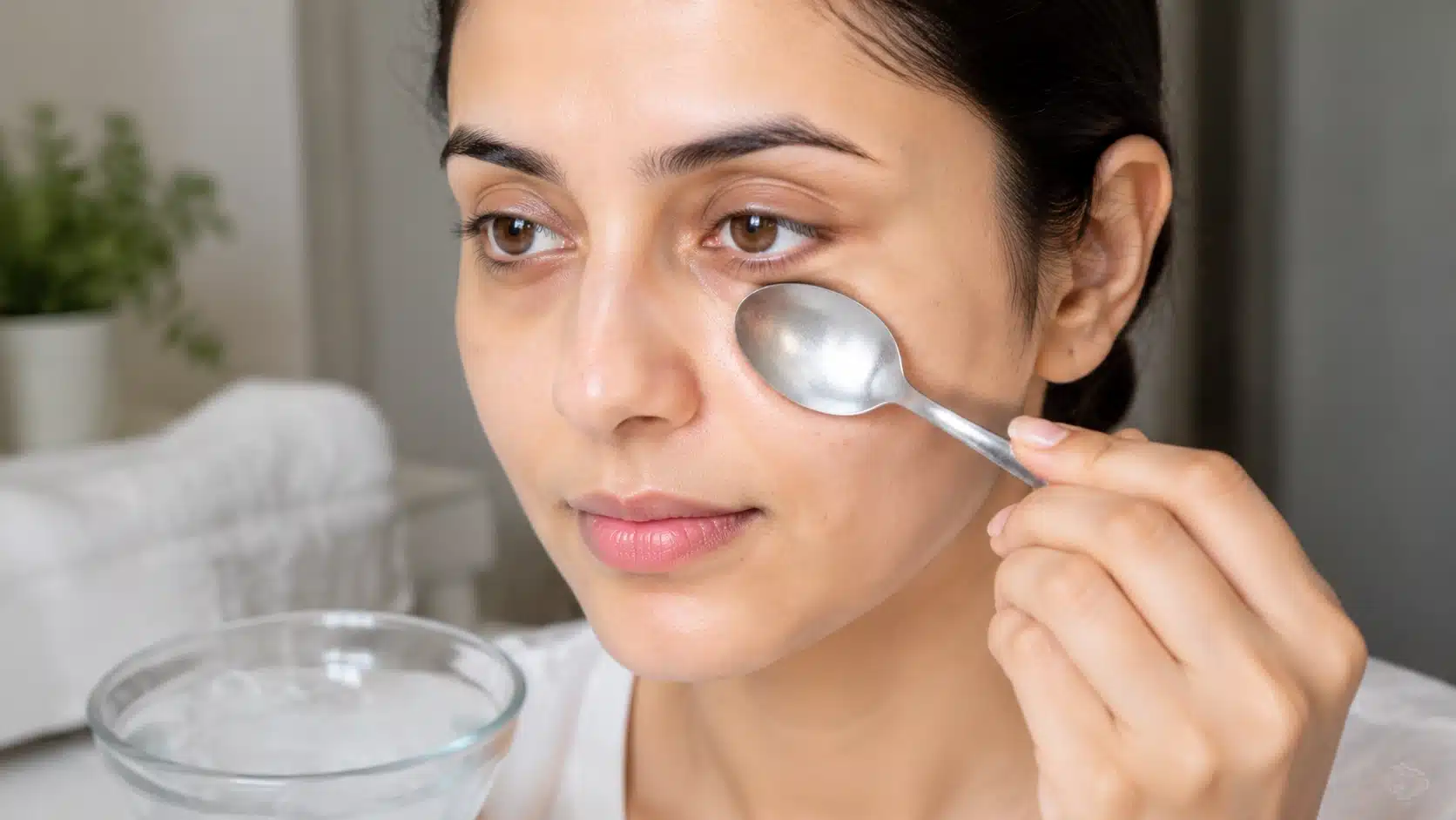 Woman using a chilled metal spoon under her eyes as a home remedy for dark circles