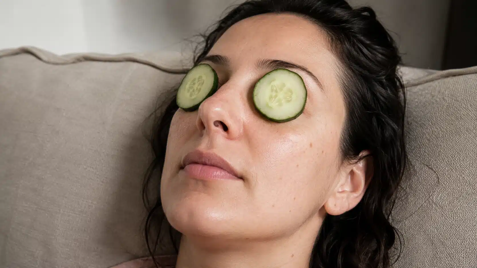 Woman with chilled cucumber slices over her eyes to soothe and hydrate under-eye skin
