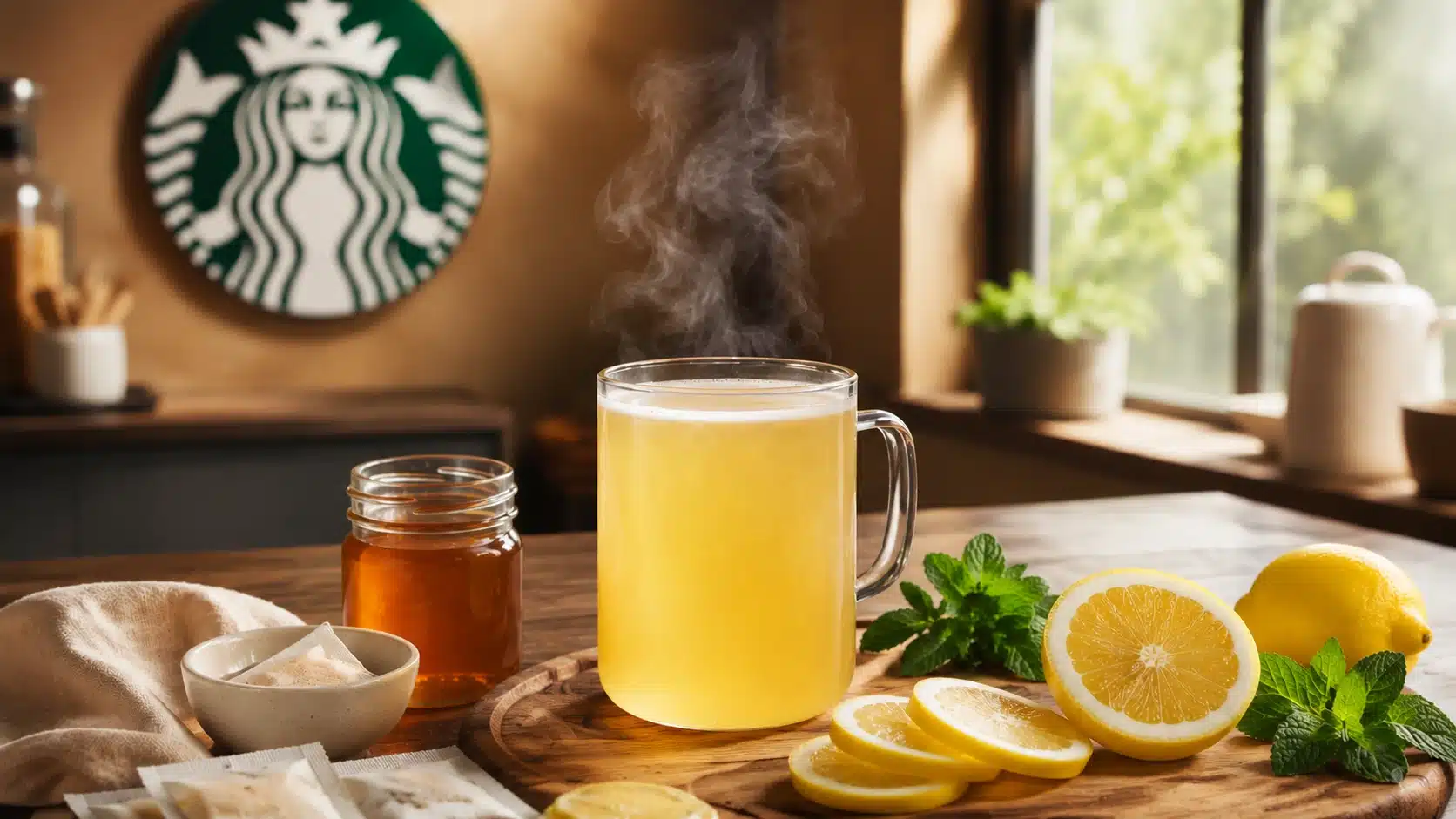 homemade medicine ball tea with lemon honey mint and peach tea in a steaming mug on a kitchen counter