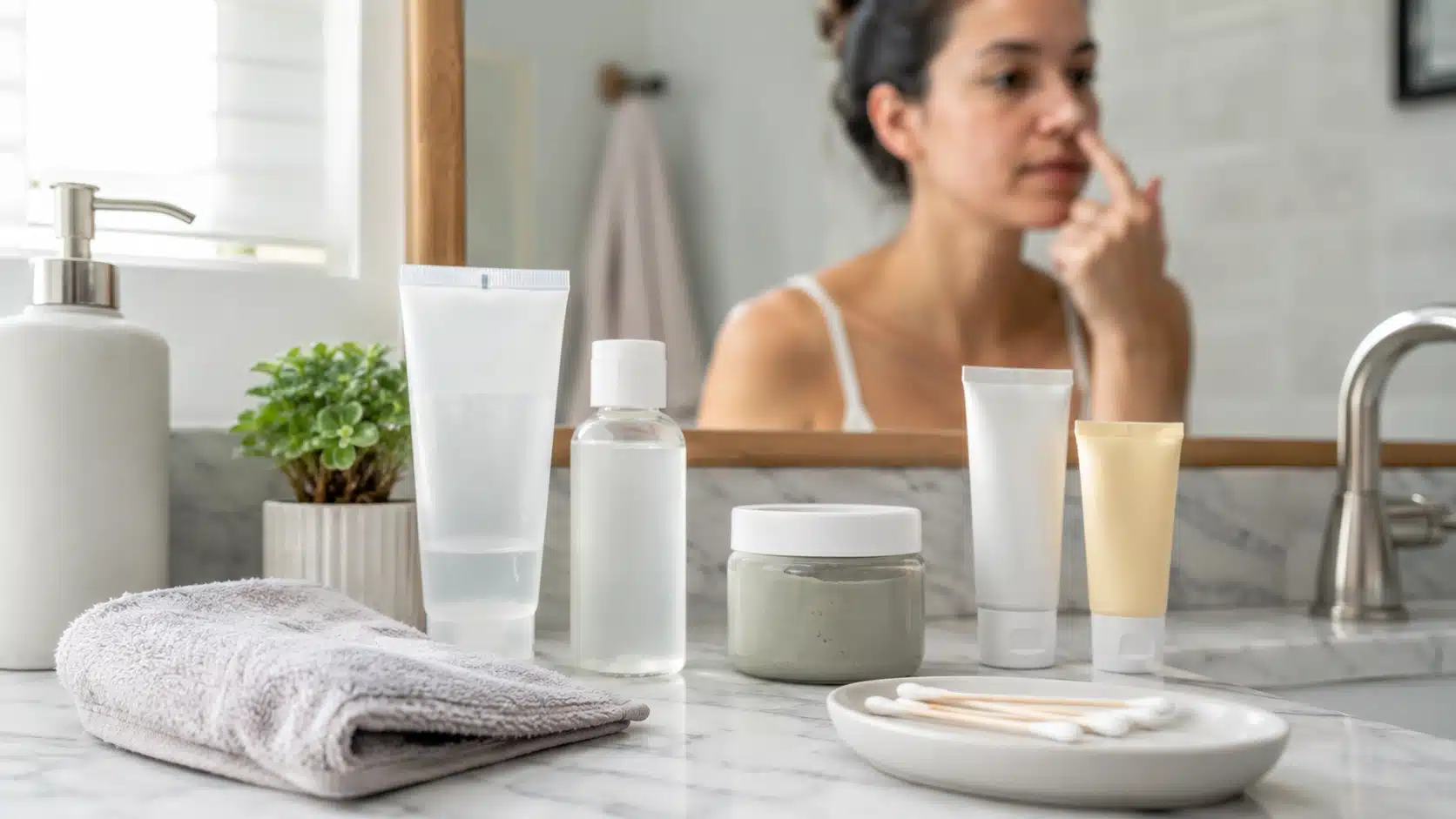 skincare products sit near a mirror for a simple nose blackhead care routine at home