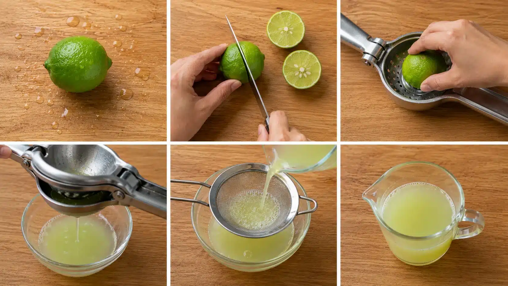 how to juice limes shown with washing cutting pressing straining and measuring steps