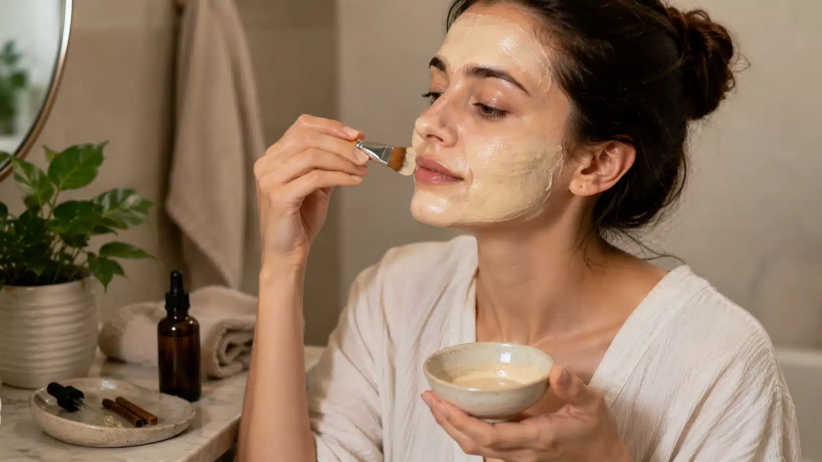 human hand applying a thin layer of sandalwood oil face mask on clean facial skin with small mixing bowl nearby