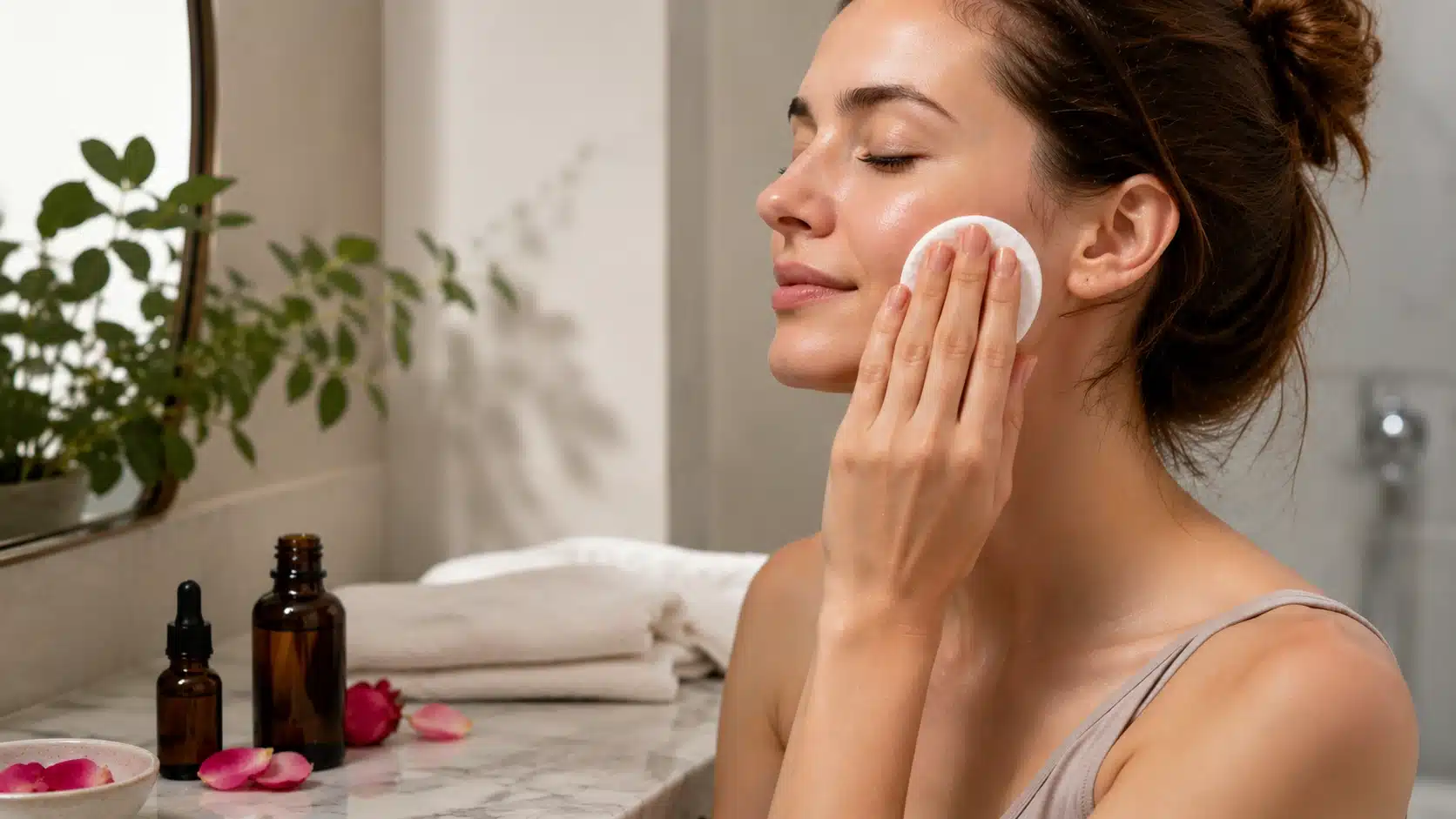 human hand applying rose water toner mixed with sandalwood oil on face with cotton pad in gentle upward motion