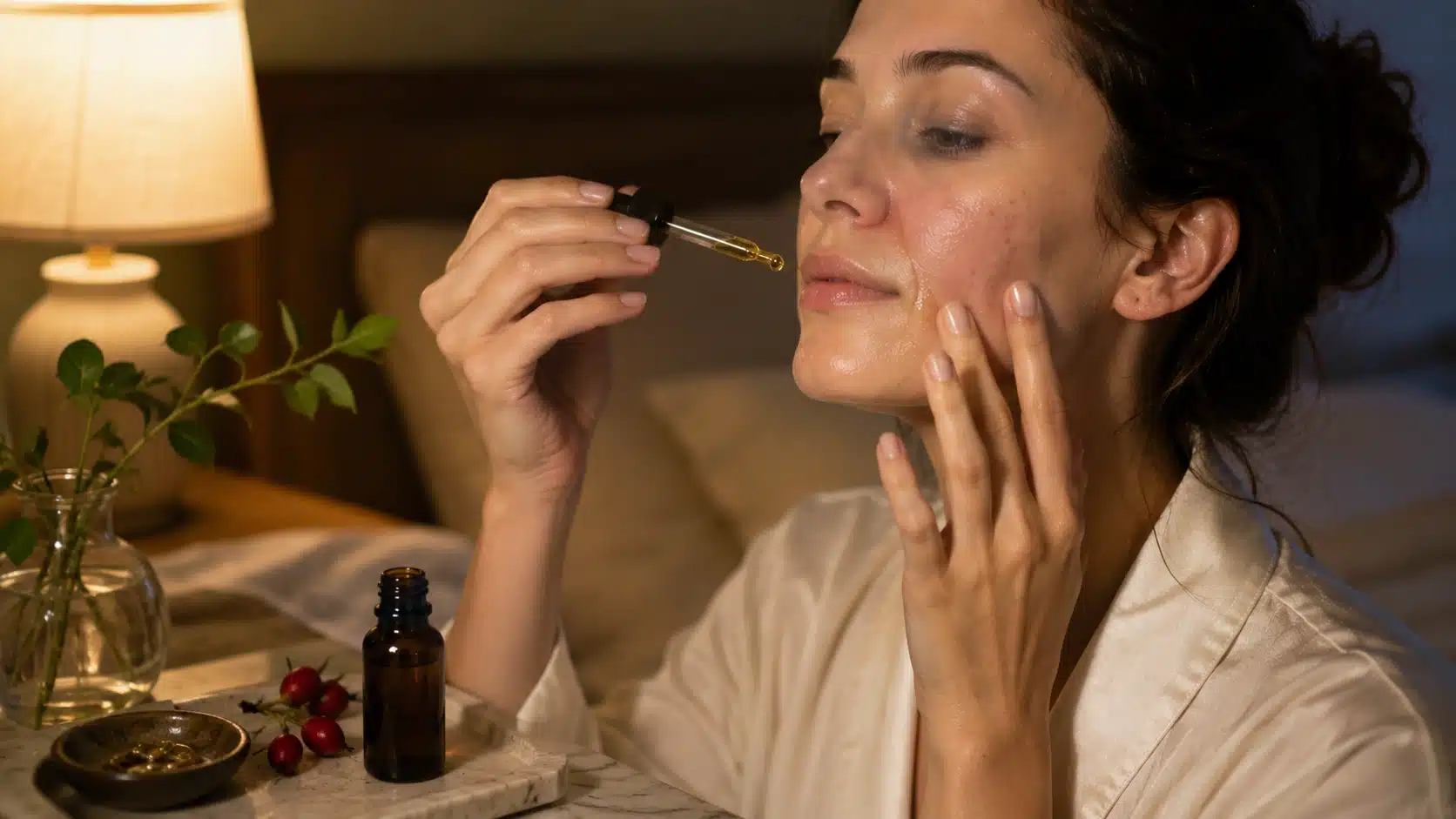 human hand applying sandalwood and rosehip serum on clean face targeting fine lines and post acne marks