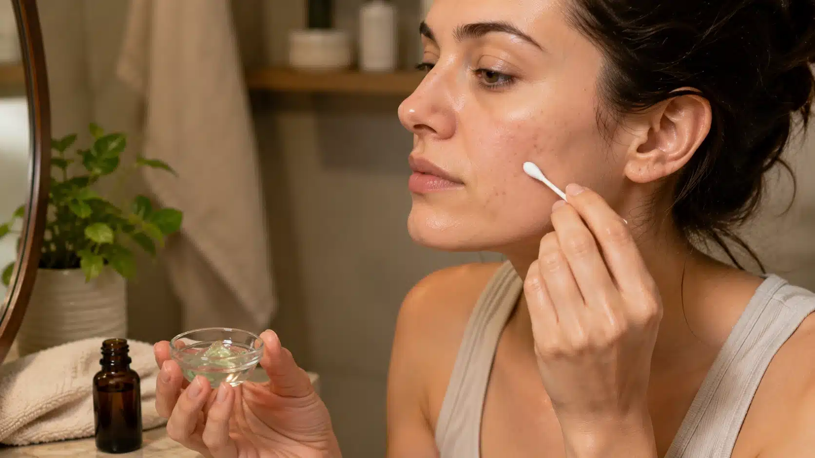 human hand applying sandalwood oil and aloe spot treatment to small blemish on clean facial skin