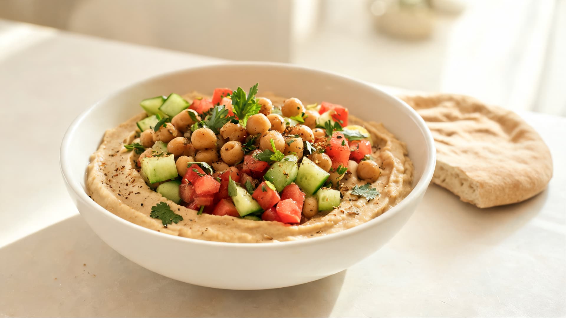 hummus bowl topped with chickpeas, cucumber, tomato, parsley and spices with pita bread on the side