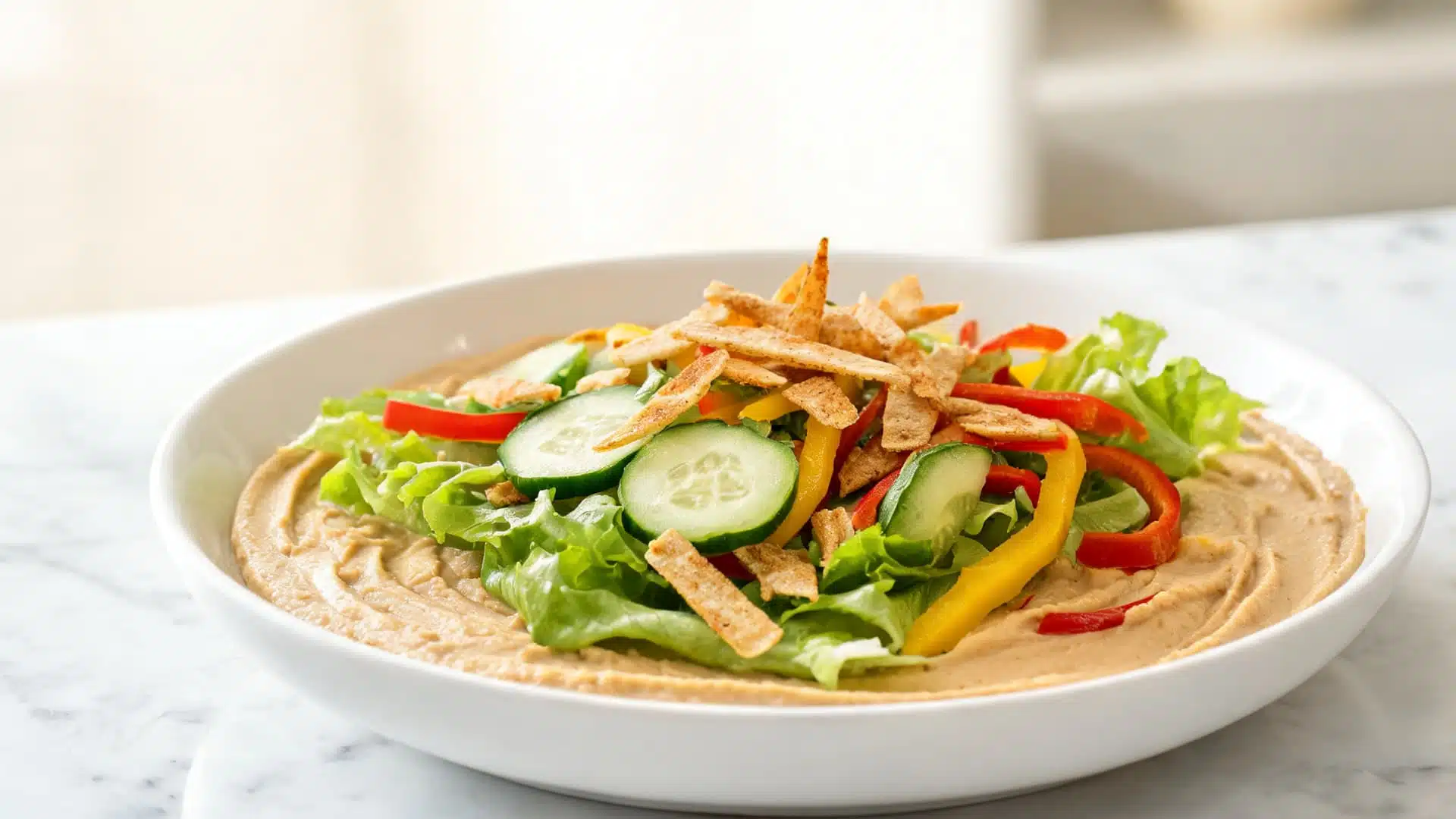 hummus bowl topped with fresh lettuce cucumber bell peppers and crispy pita strips on marble table