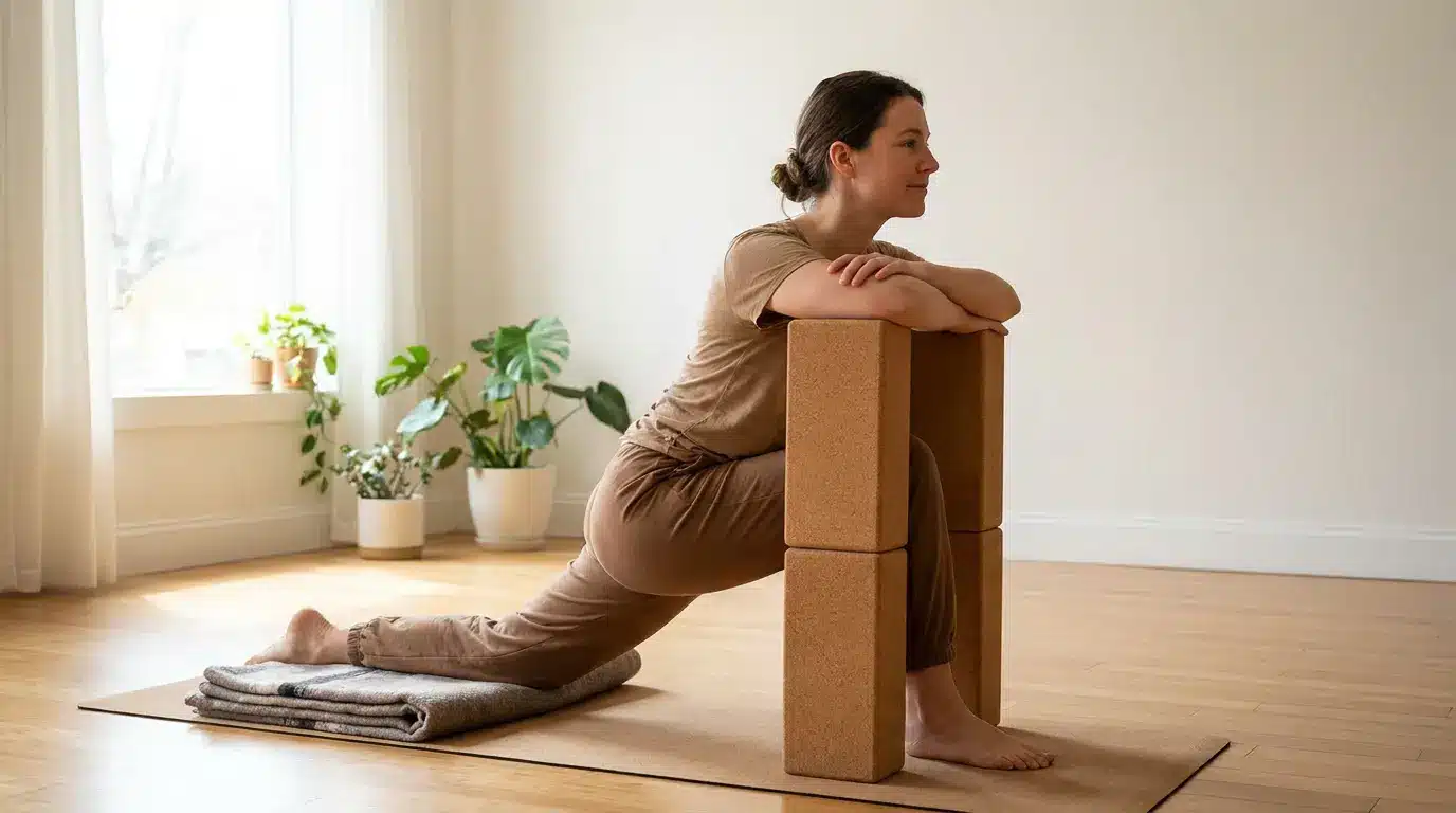 injury adapted low lunge with forearms resting on tall blocks and back knee padded