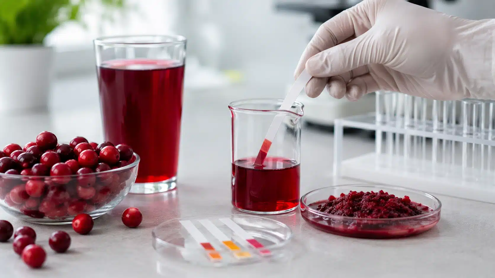 is cranberry juice acidic shown with cranberries juice beaker and ph strip
