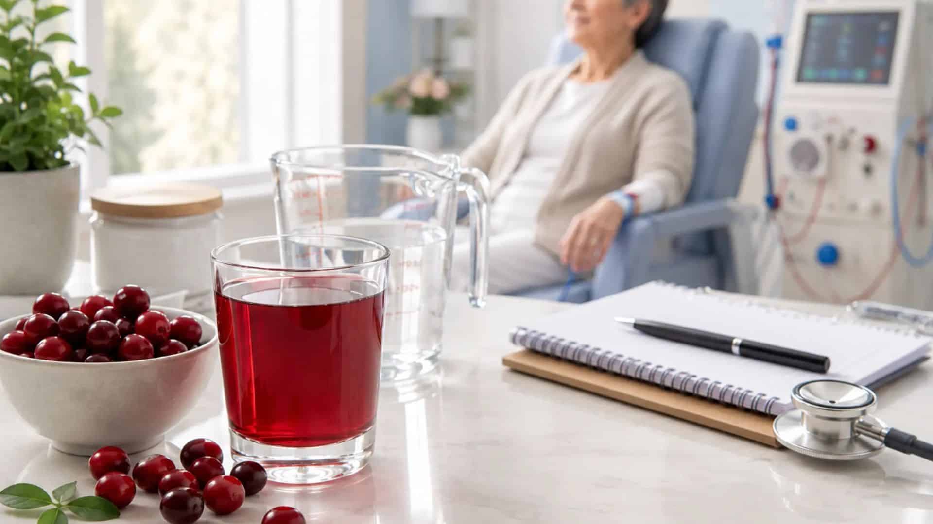 glass of cranberry juice with fresh cranberries and water beside a patient during kidney care