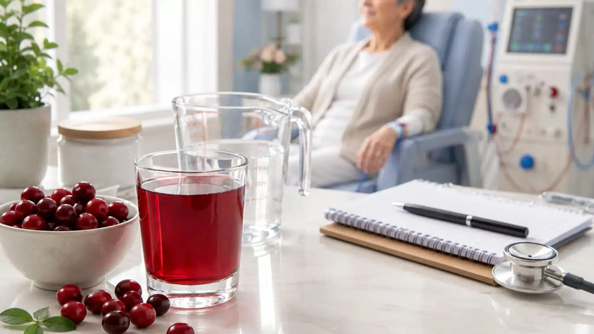 glass of cranberry juice with fresh cranberries and water beside a patient during kidney care