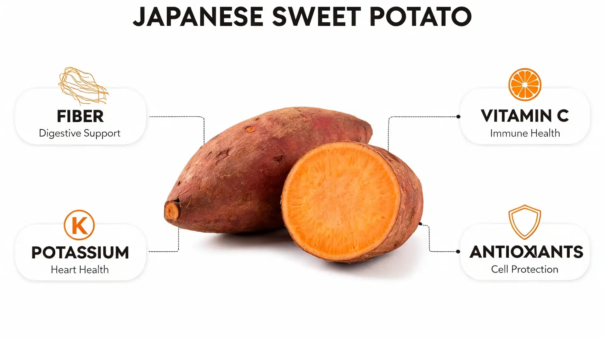 Japanese sweet potato cut in half, showing fiber, potassium, vitamin C, and antioxidant benefits