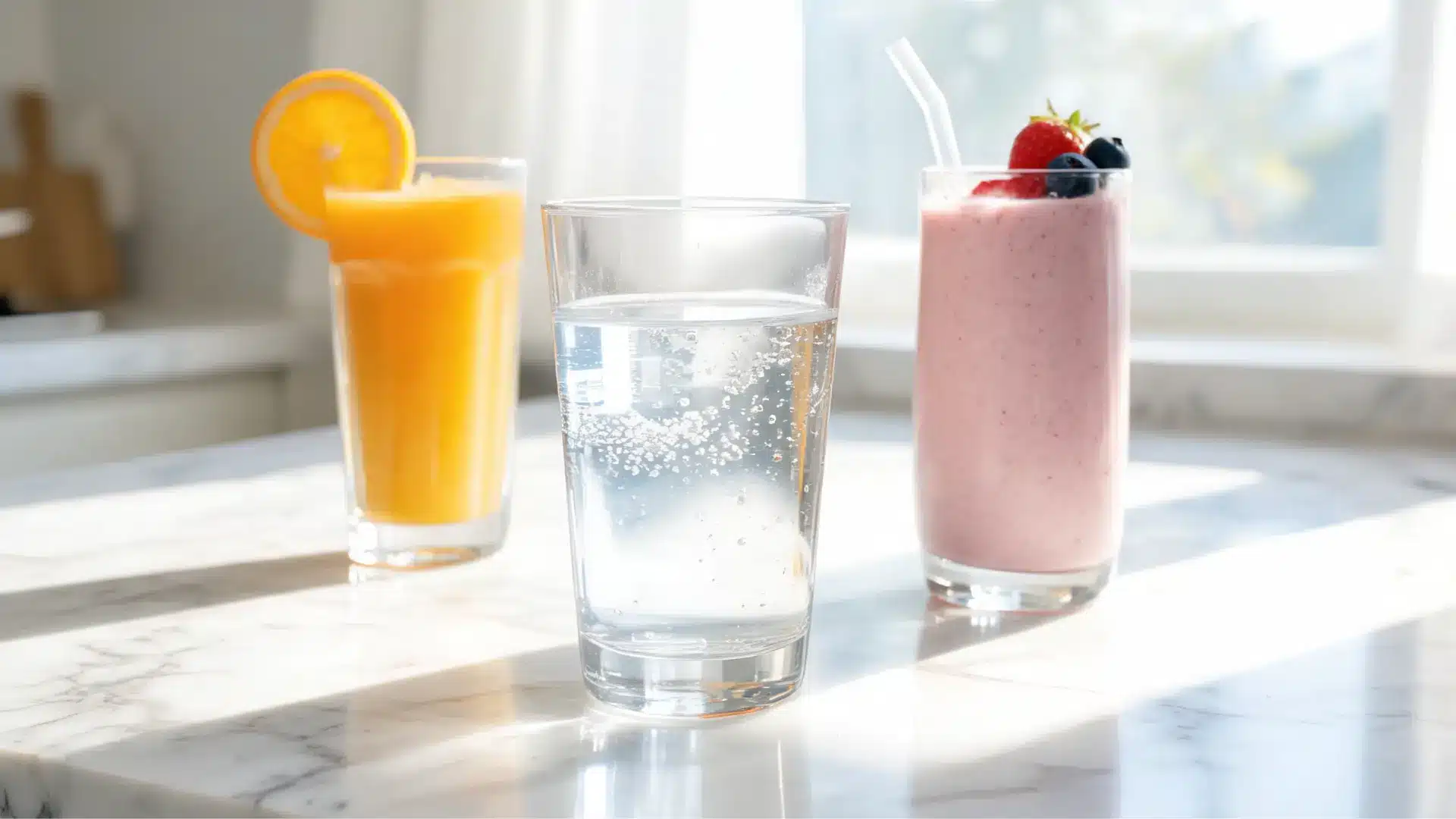 juice and smoothie beside water showing drinks that break a fast