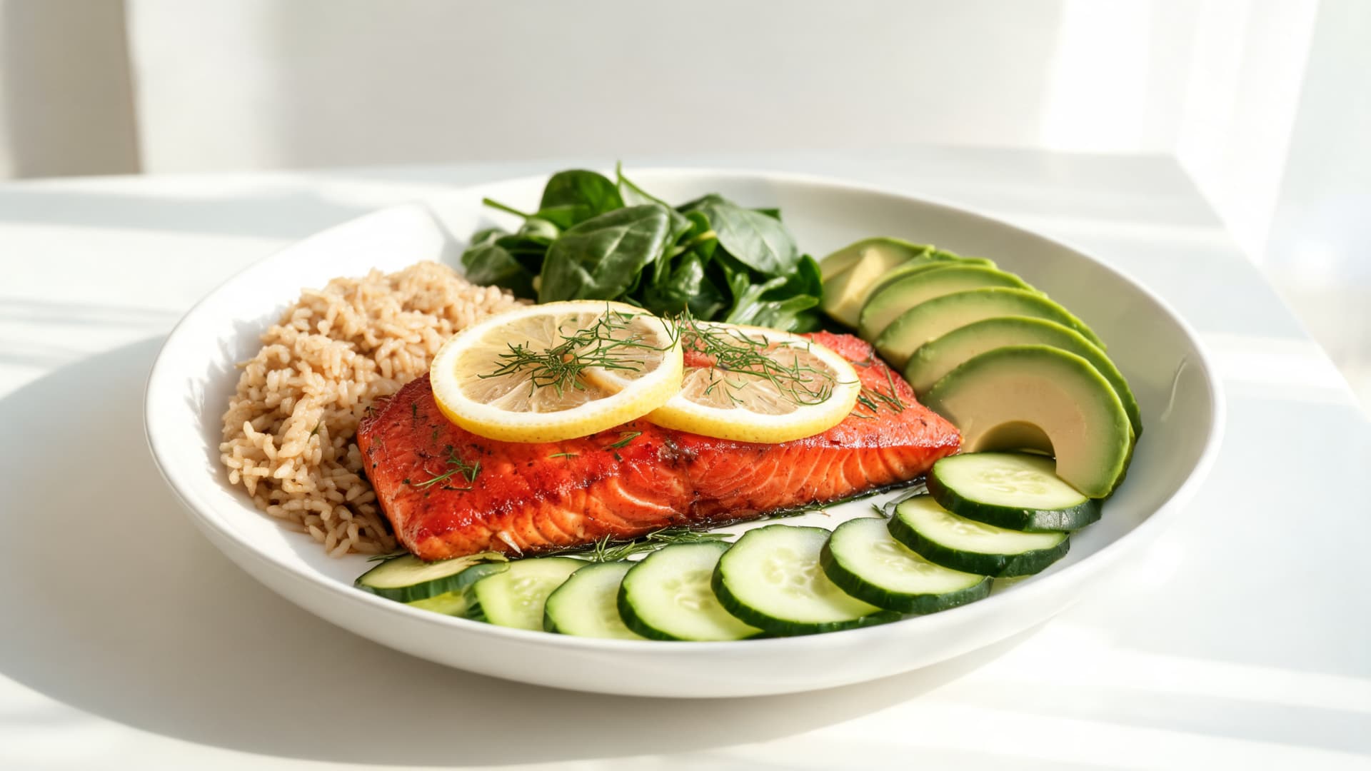 lemon dill salmon bowl with brown rice, cucumber, avocado, and spinach in soft natural light