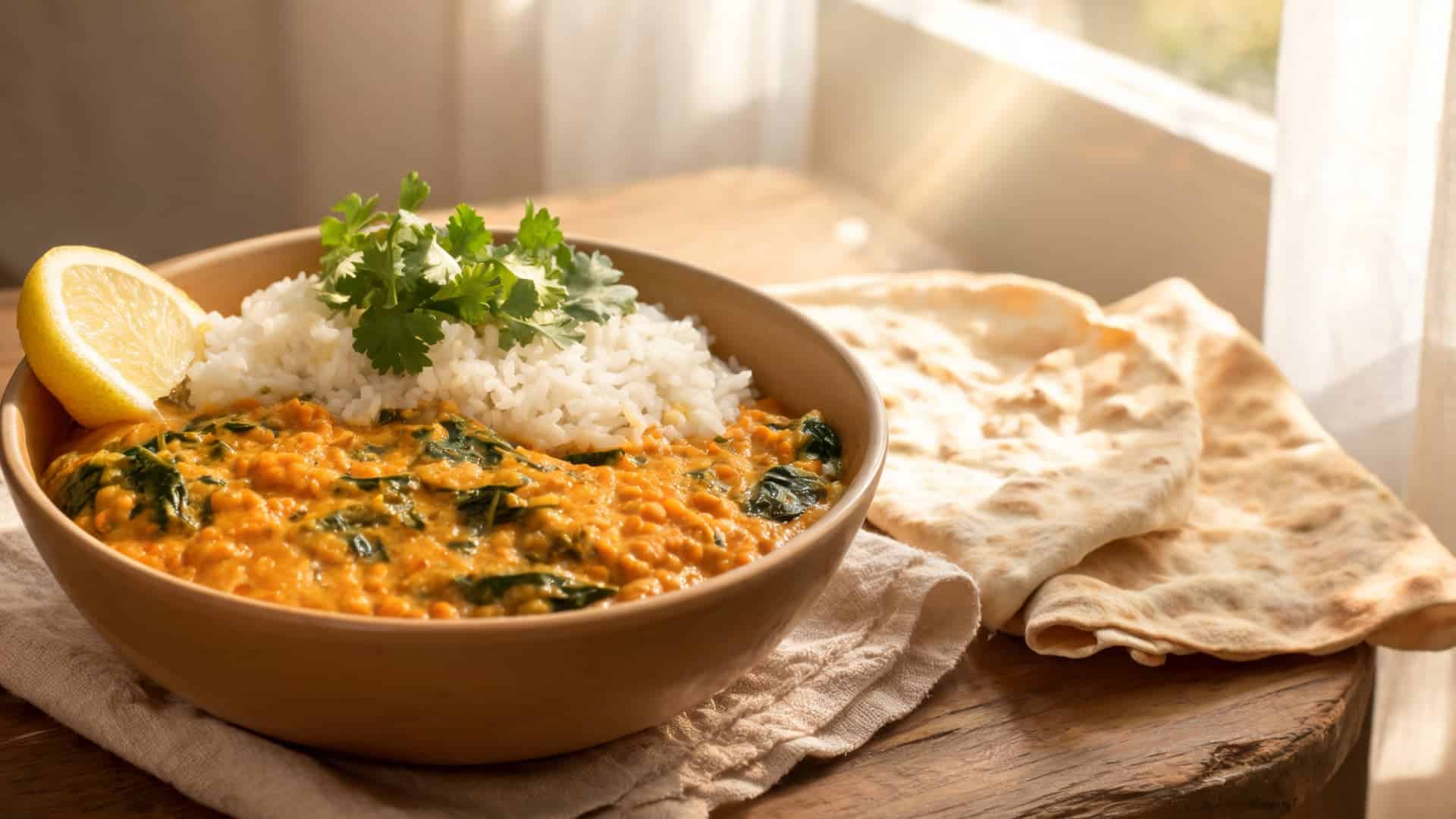 lentil curry bowl with white rice spinach cilantro lemon and flatbread on a wooden table