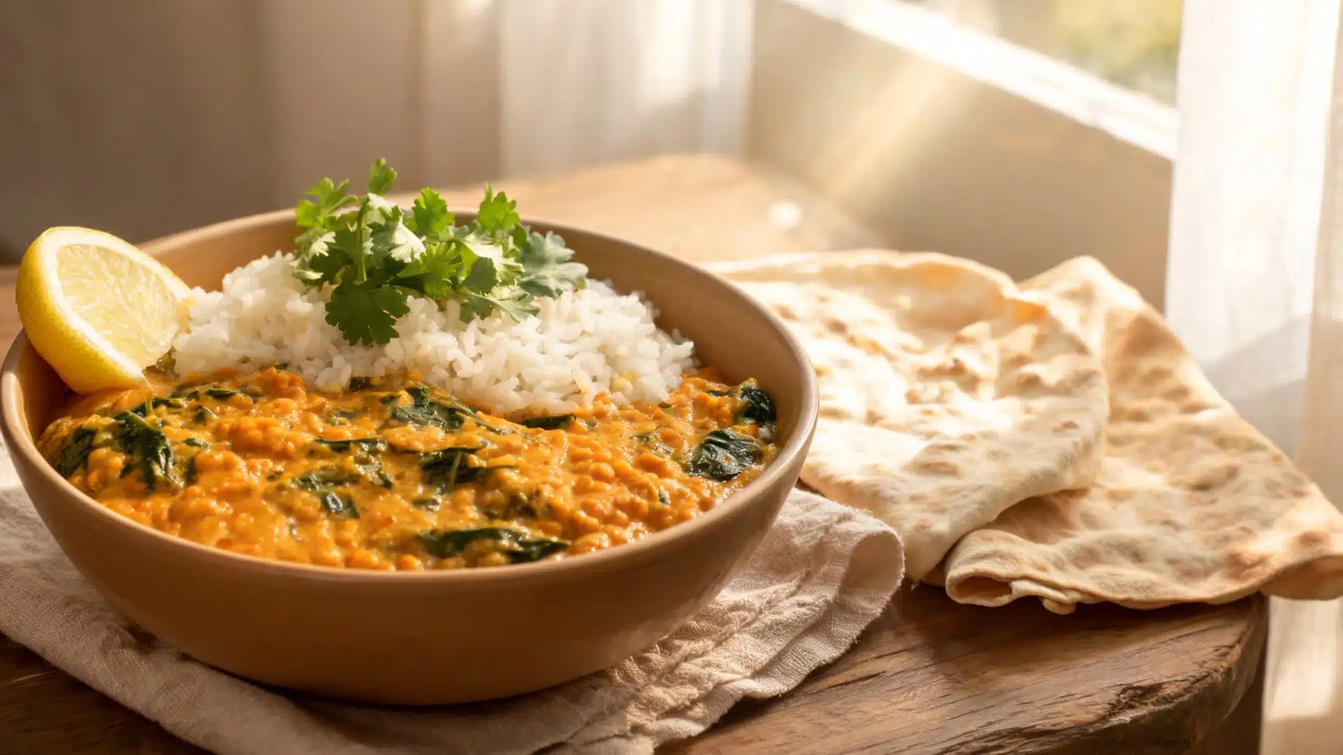 lentil curry bowl with white rice spinach cilantro lemon and flatbread on a wooden table