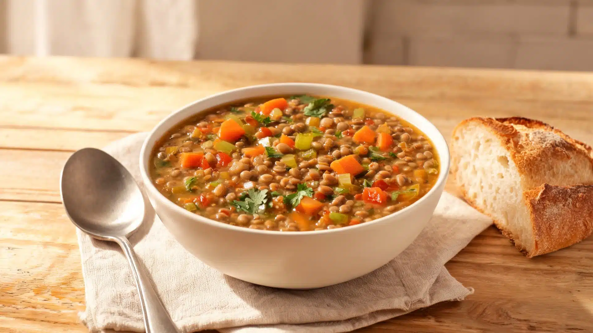 lentil soup with carrots celery tomatoes fresh herbs a spoon and crusty bread on a wooden table