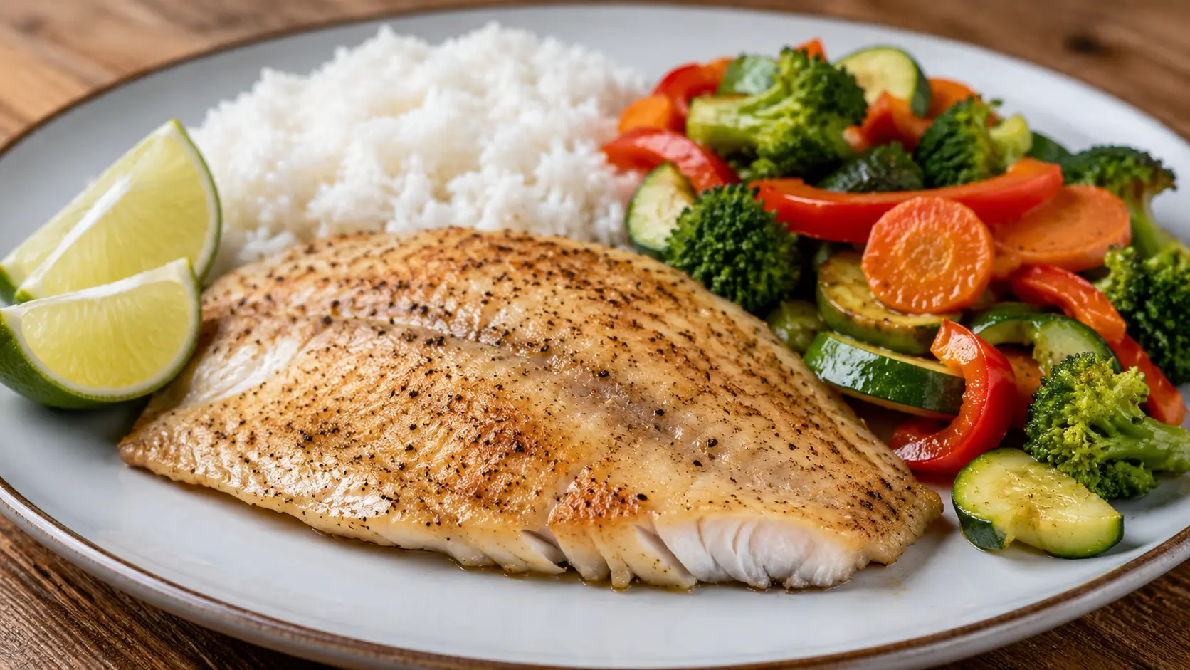 lightly seasoned tilapia fillet with lime, rice, and sautéed vegetables on a dinner plate