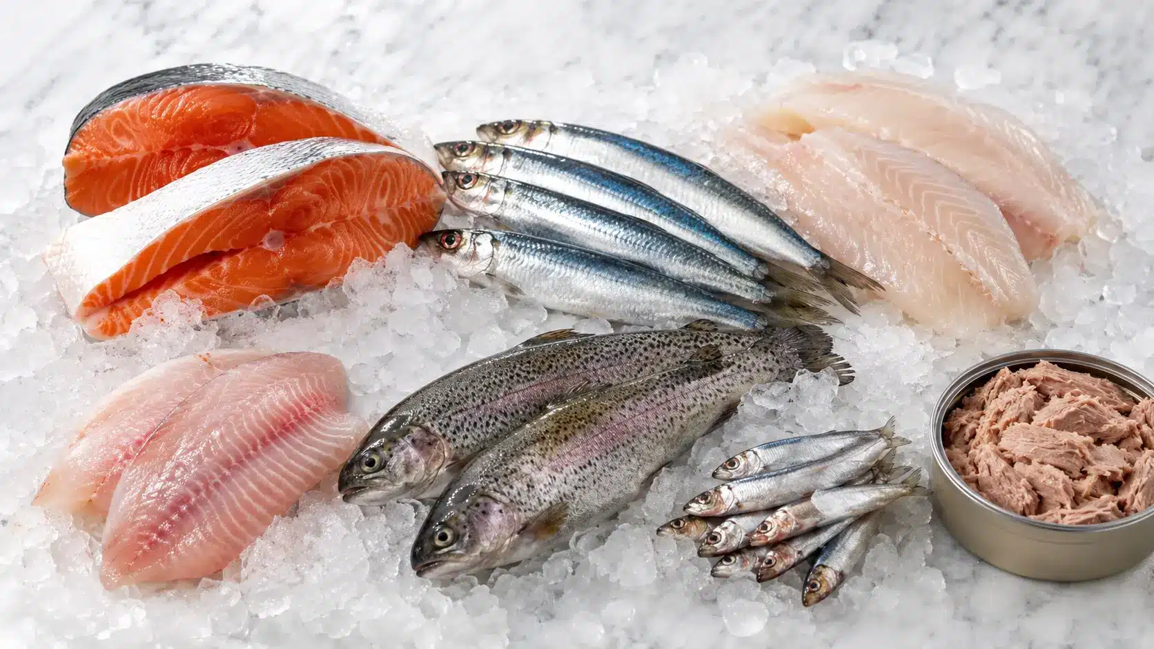 lower mercury fishes on crushed ice, including salmon, sardines, cod, tilapia, trout, anchovies, and light tuna