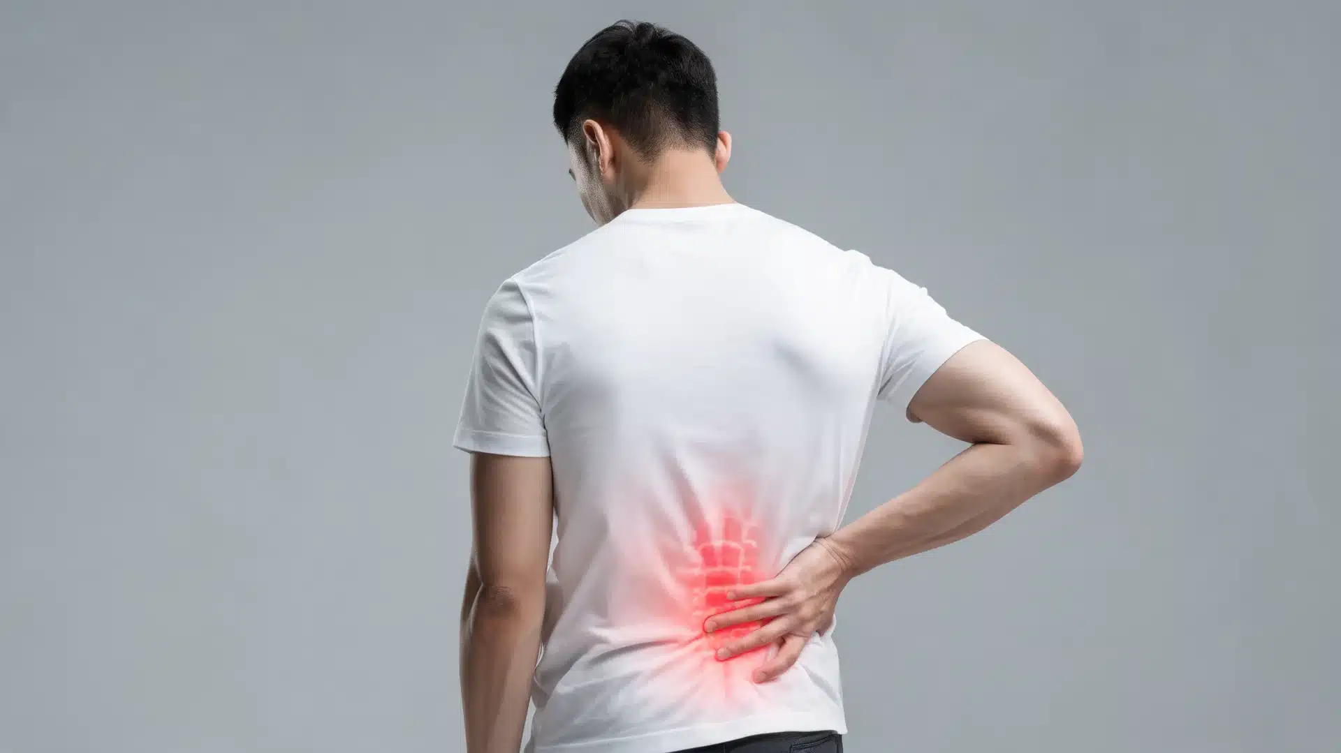 man holding his lower back with red pain highlight showing lumbar spine discomfort