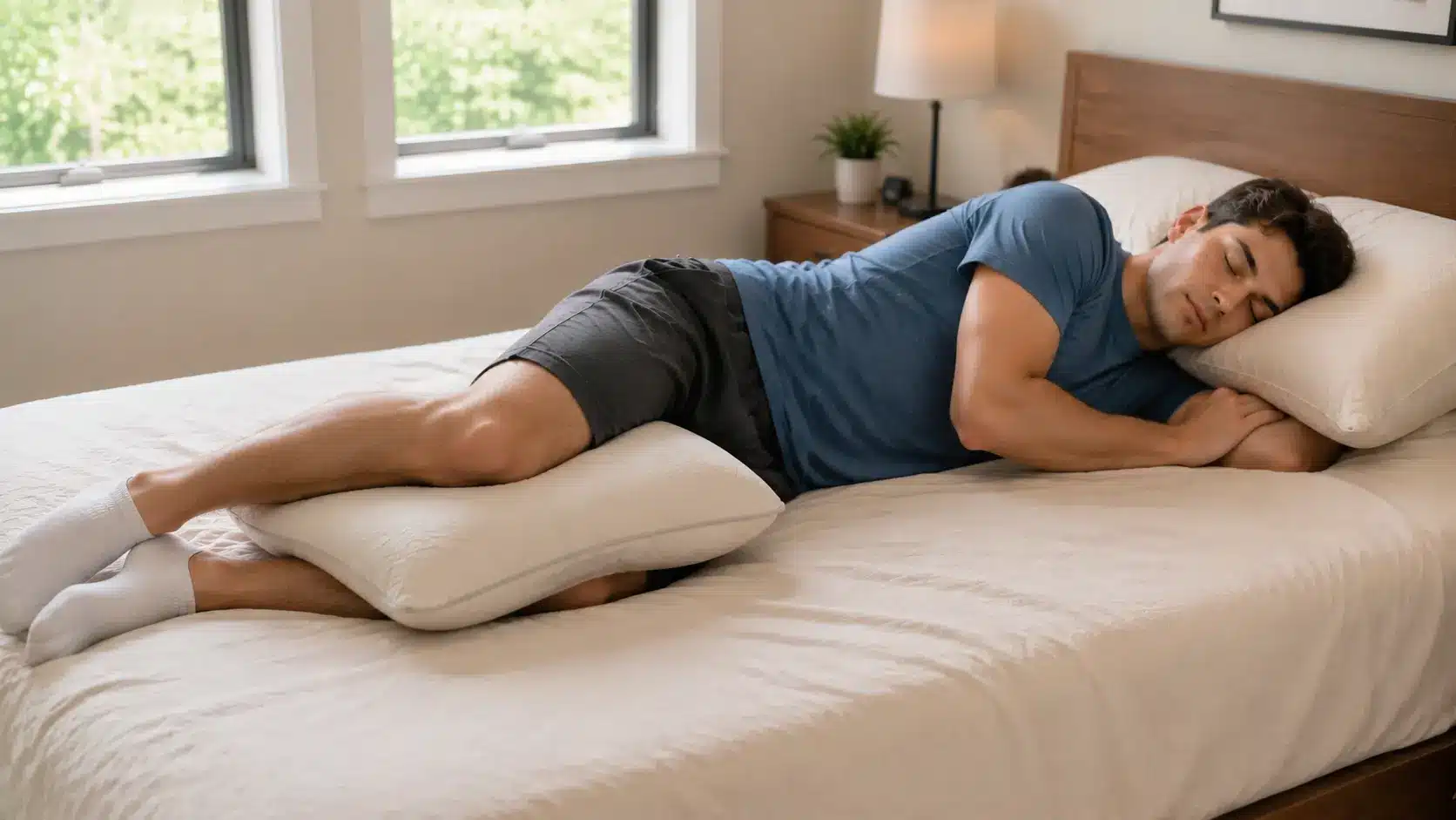 man lying on his side hugging a large white body pillow gray sheet natural light