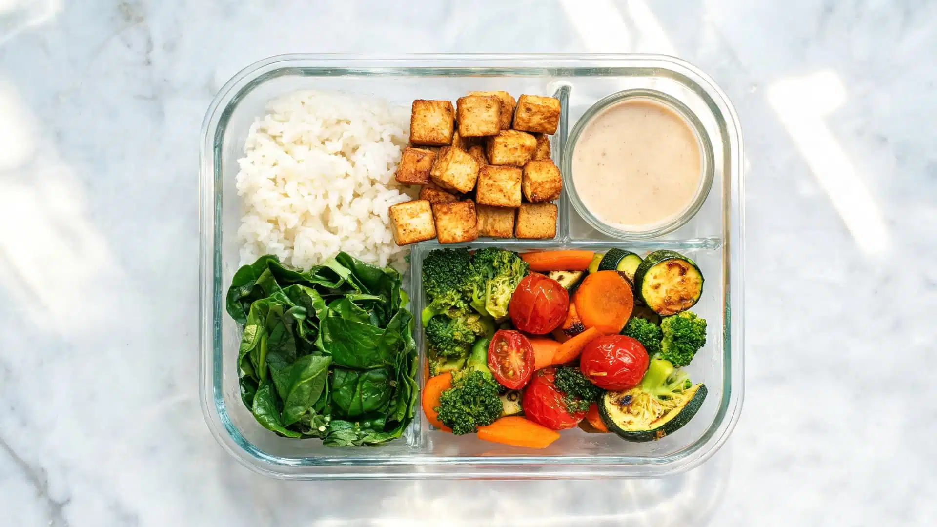 meal prep container with rice crispy tofu spinach roasted vegetables and creamy sauce