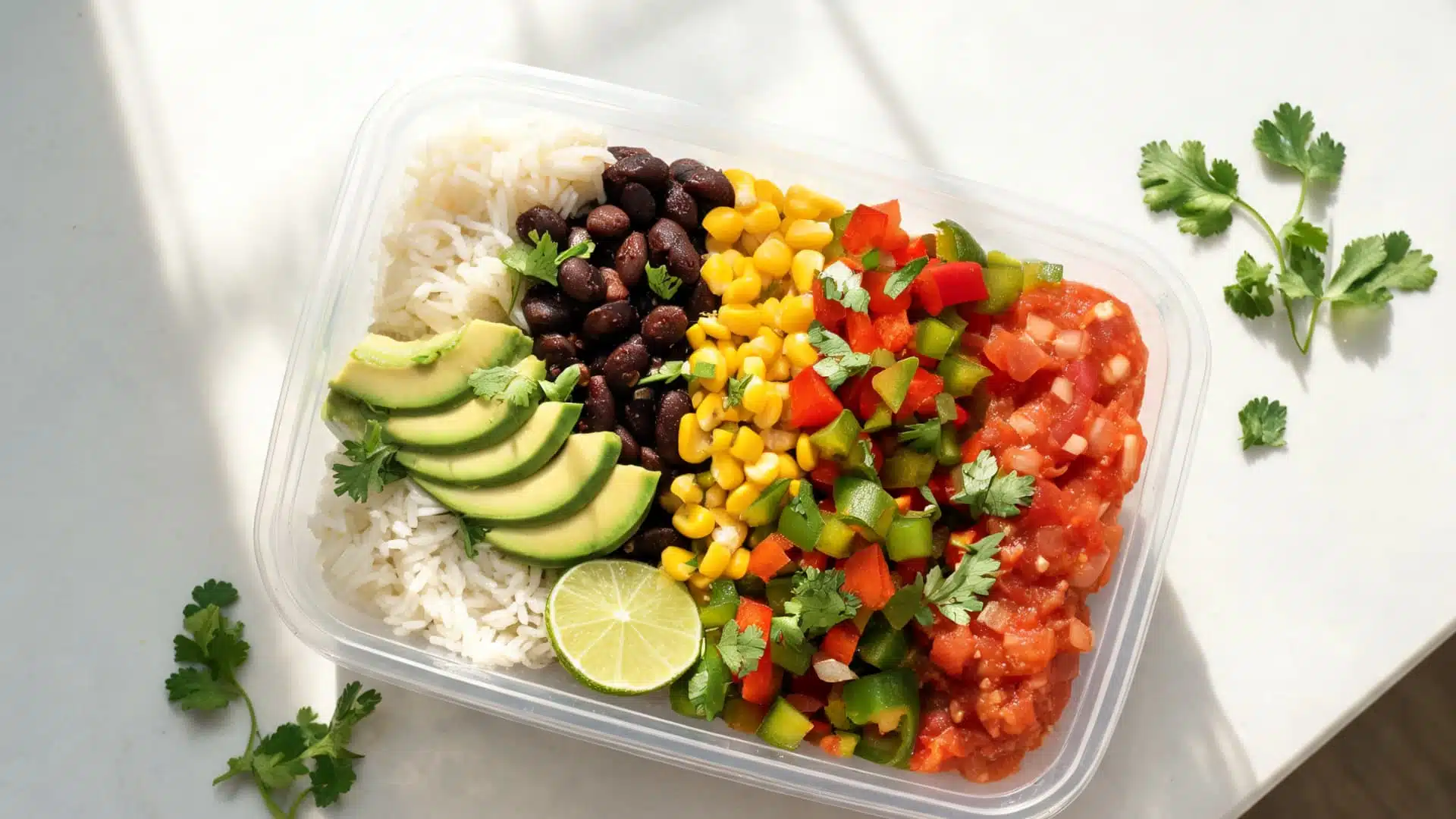 mexican rice bowl with black beans corn avocado salsa peppers lime and fresh cilantro