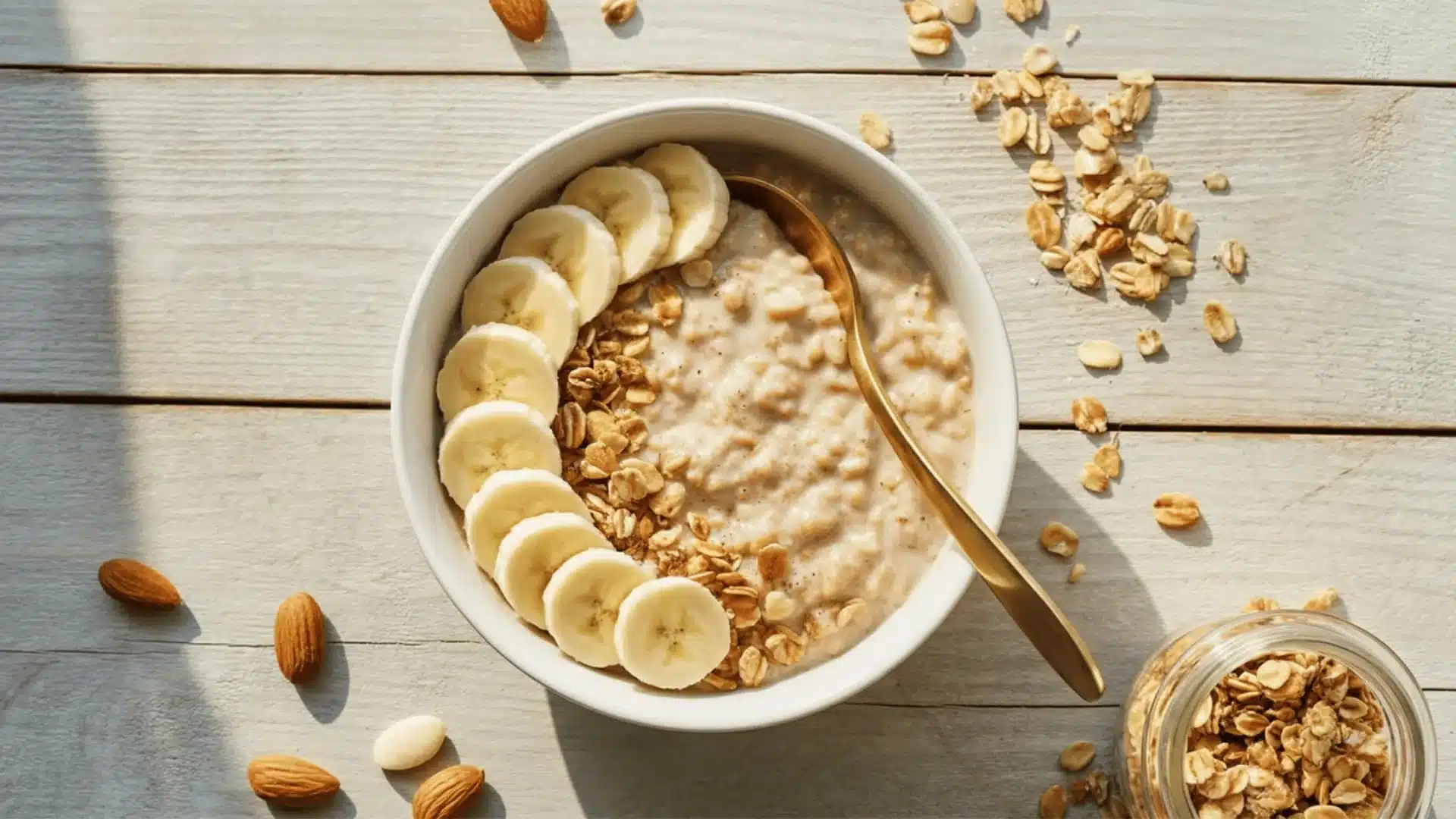 oatmeal bowl with sliced bananas and granola toppings, photographed on a light gray wooden surface