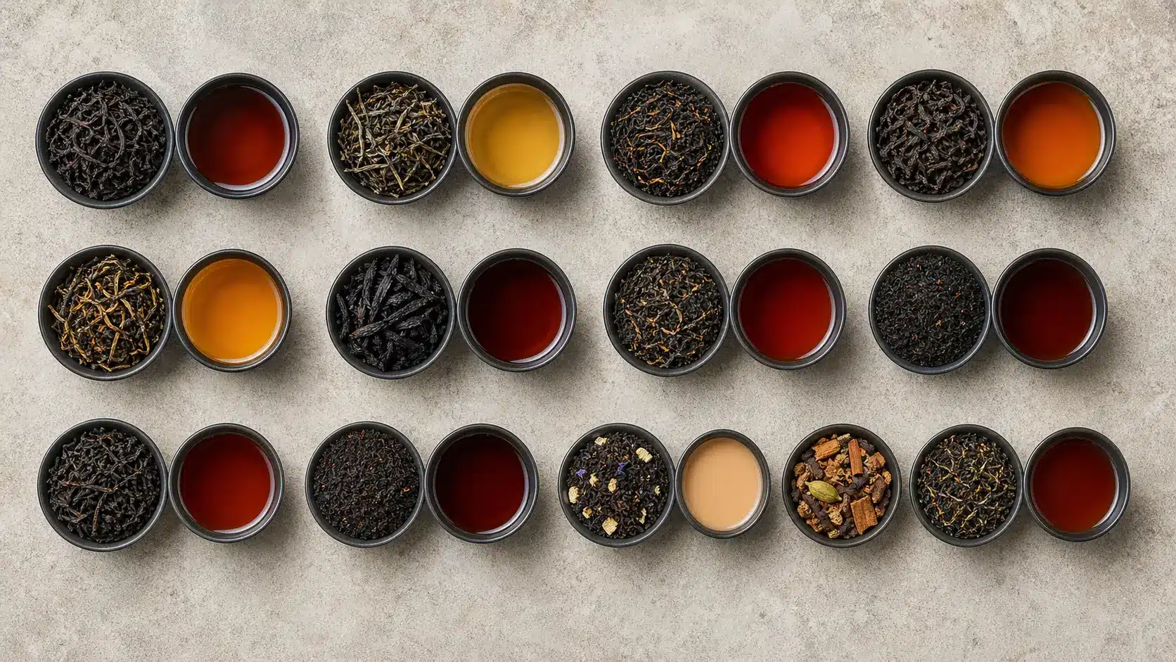 overhead flat lay of 12 black tea varieties arranged in rows, with dry tea leaves beside them