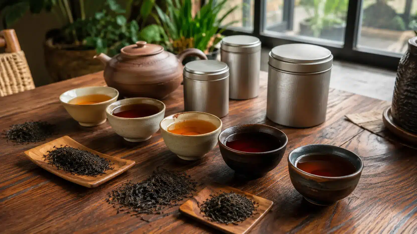 overhead shot of bowls with different black tea leaves with cups of tea