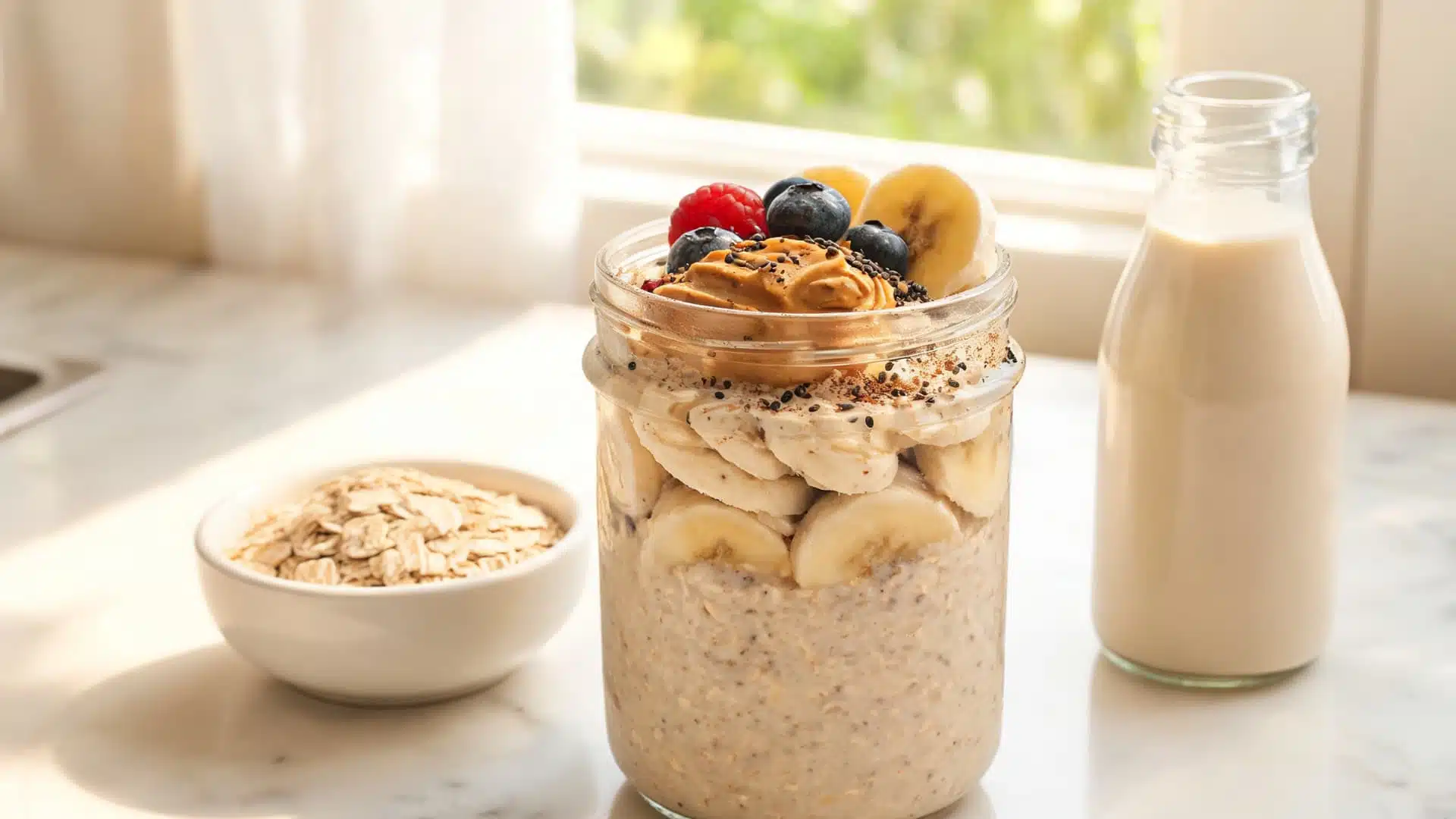 overnight oats topped with banana berries peanut butter seeds and a bottle of milk