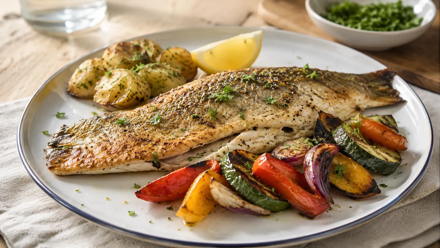 pan cooked trout with roasted vegetables and a small side of potatoes on a plate