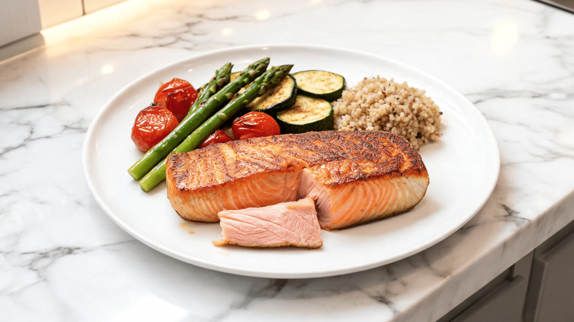 pan-seared salmon with asparagus, tomatoes, zucchini, and quinoa on a bright marble countertop