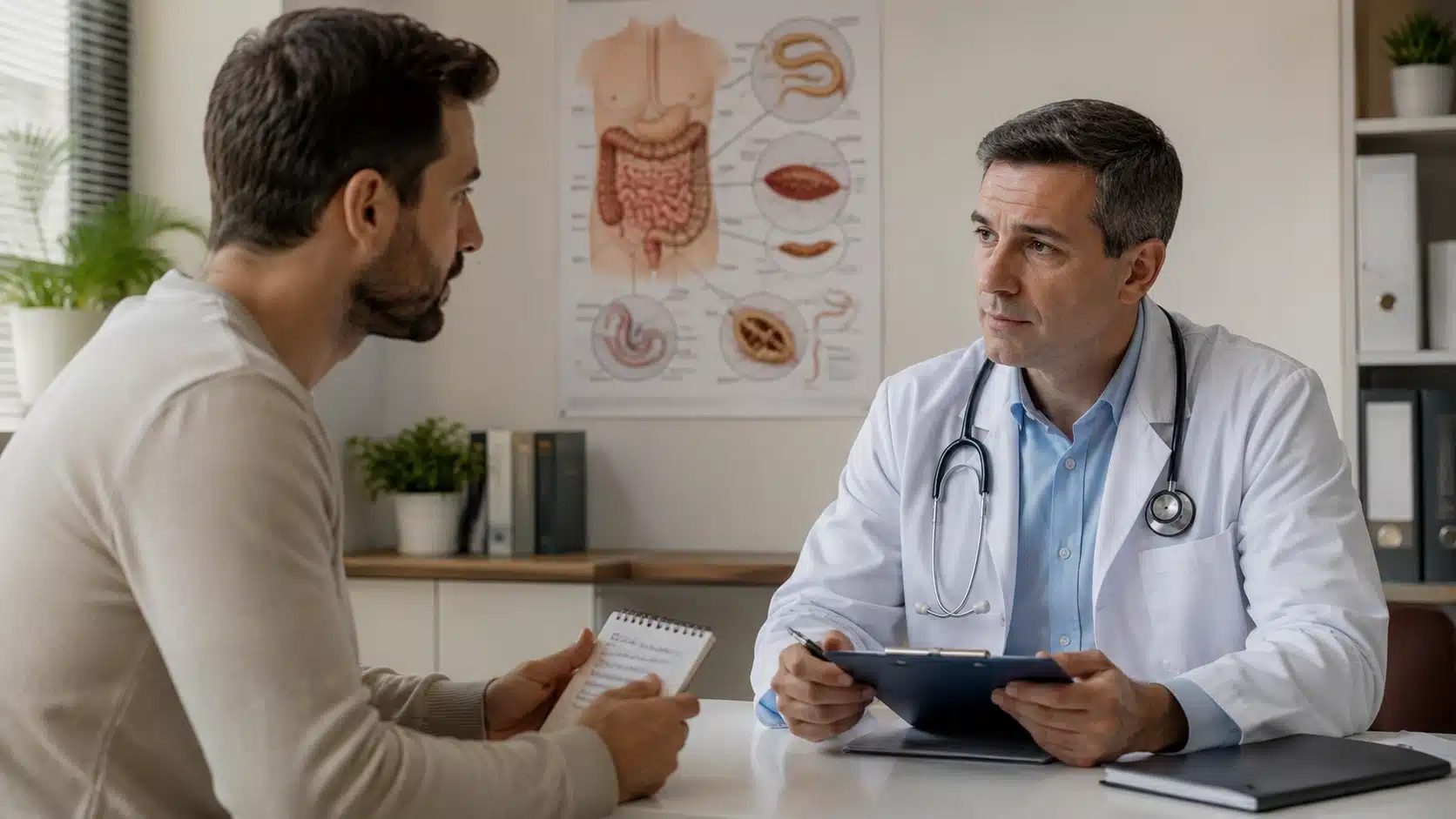 patient discussing possible parasite symptoms with a doctor for testing and treatment advice