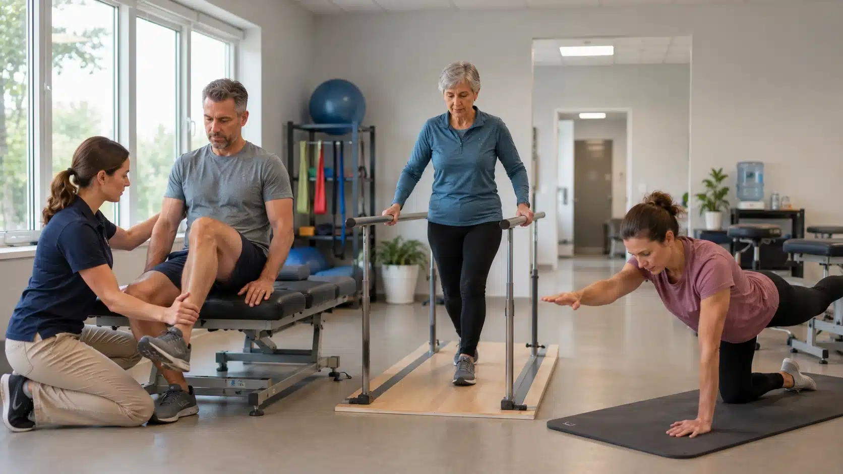 patients doing physical therapy for injury recovery balance training and recurring pain in a clinic setting