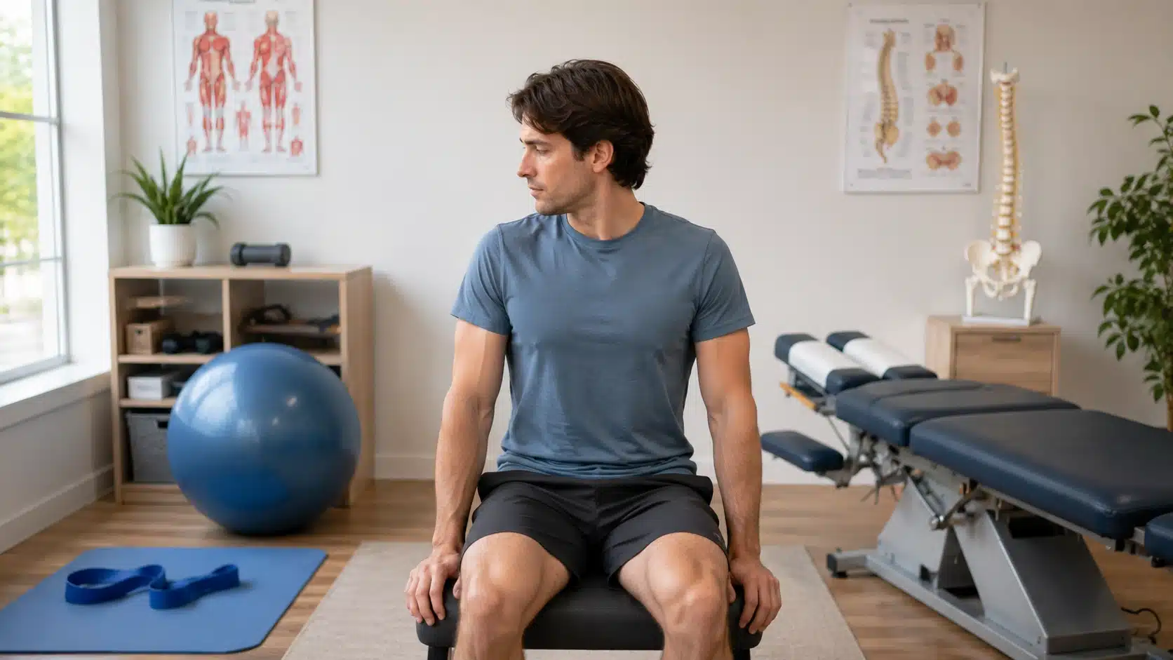 person comparing physical therapy tools and chiropractic care setup for back pain treatment