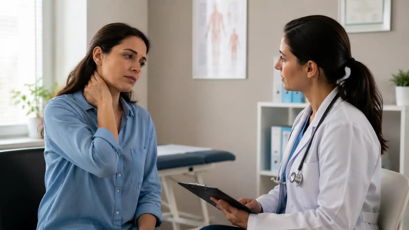 person discussing neck pain with a doctor after symptoms suggest a neck crick needs care