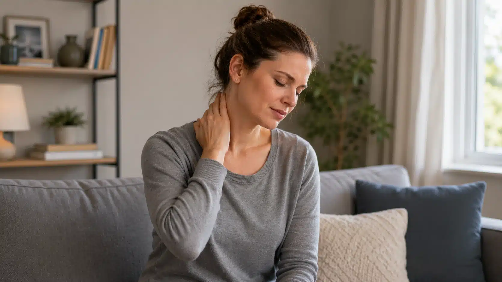 person gently massaging side of neck and upper shoulder to ease a neck crick