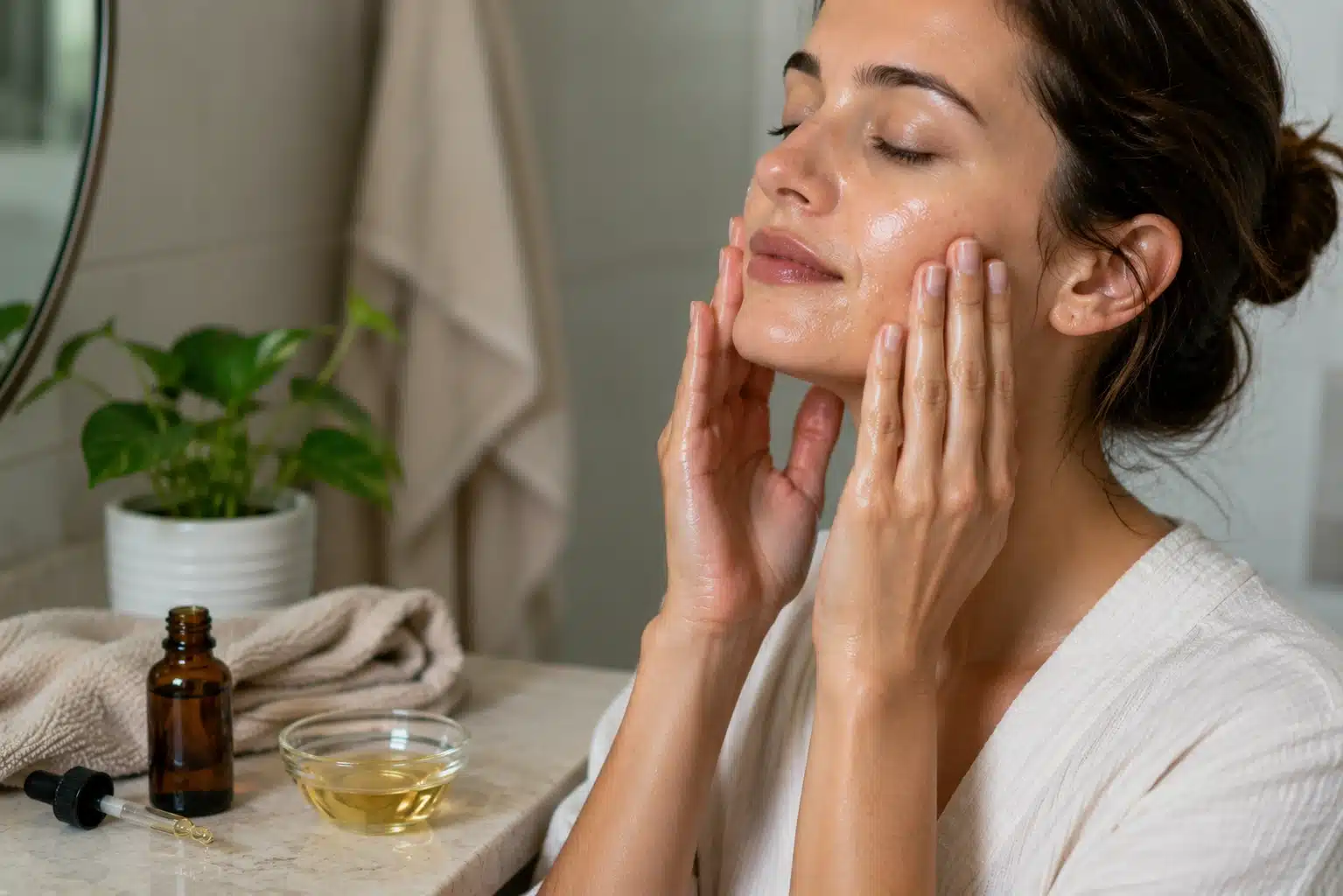 person gently pressing diluted sandalwood oil onto damp skin in a calm daily skincare routine