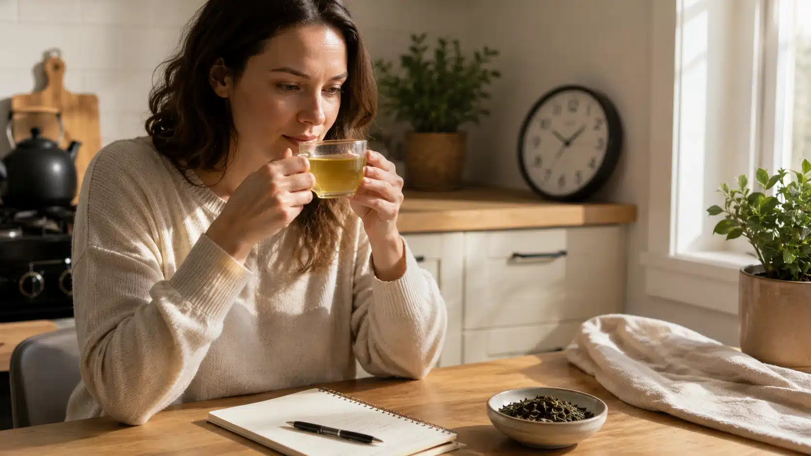 person holding green tea at a kitchen table while writing in a notebook during a calm morning