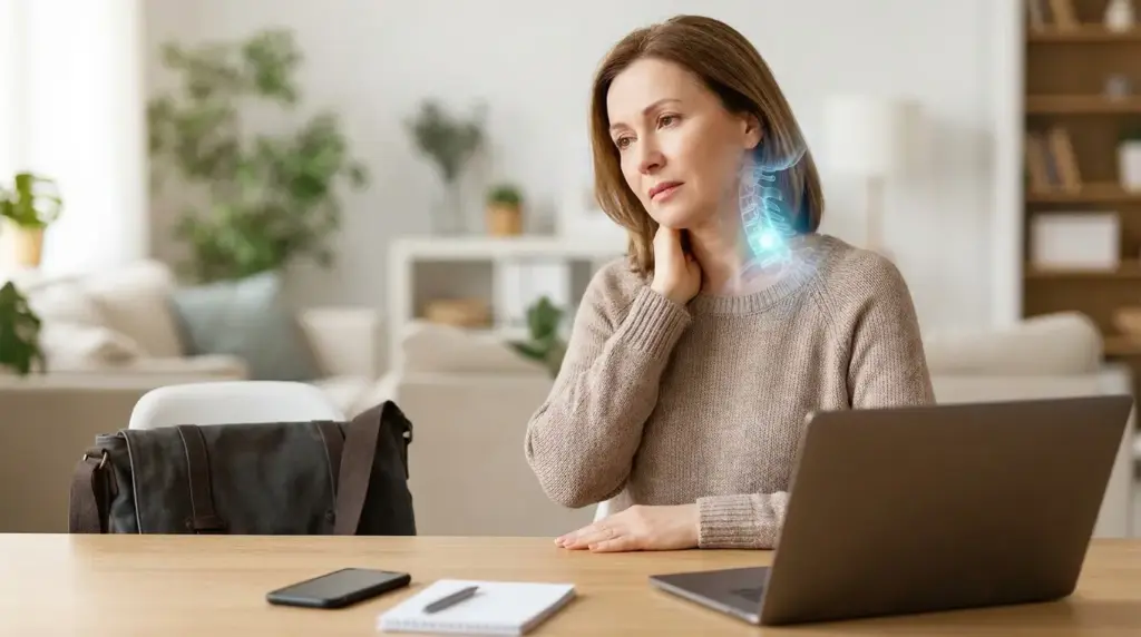 person holding neck at desk with cervical spine highlight and posture triggers like laptop phone and shoulder bag.