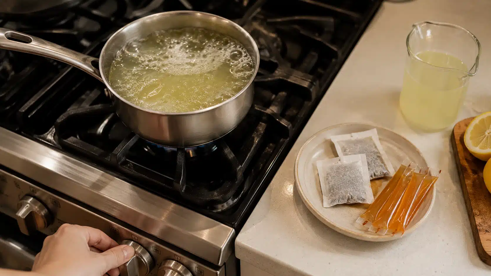 person lowering heat while making medicine ball tea with tea bags and honey beside the stove