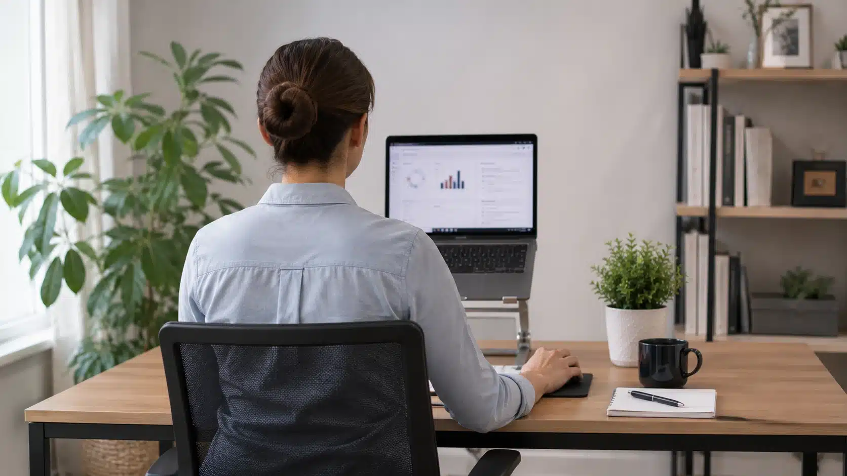 person sitting with upright posture at a raised laptop to reduce neck strain