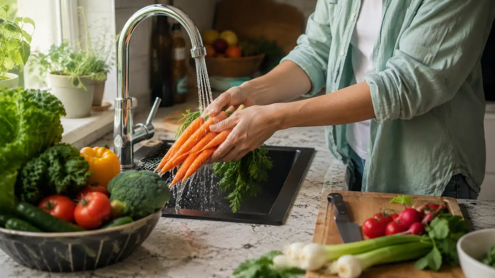 person washing vegetables in a kitchen to show how contaminated food can spread parasites