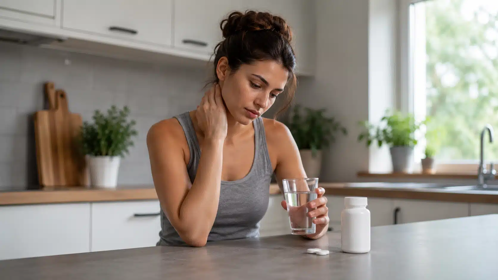 person with neck discomfort holding water near over the counter pain relief at home