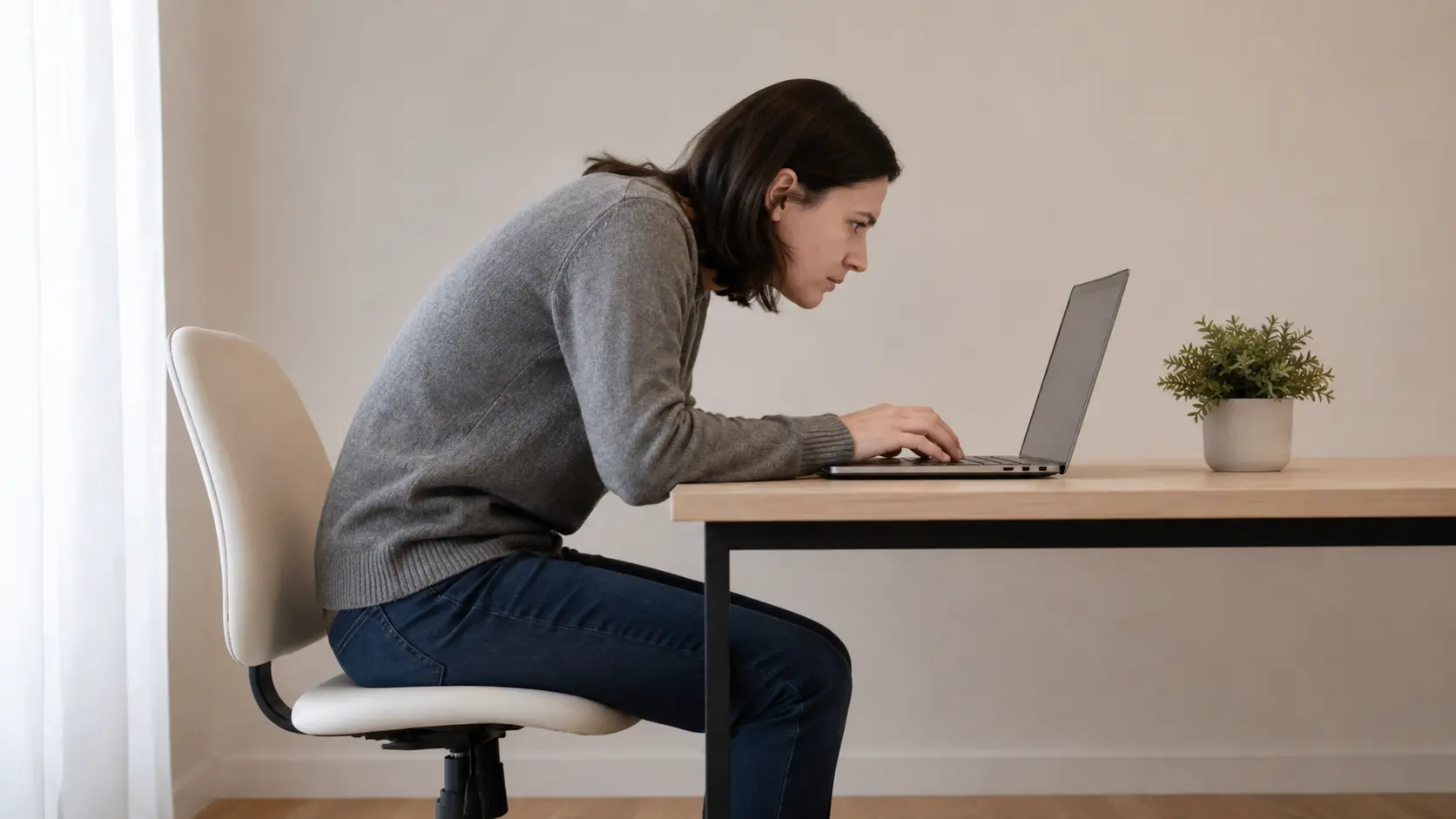 person working on laptop with poor posture and visible cervical strain at desk setup