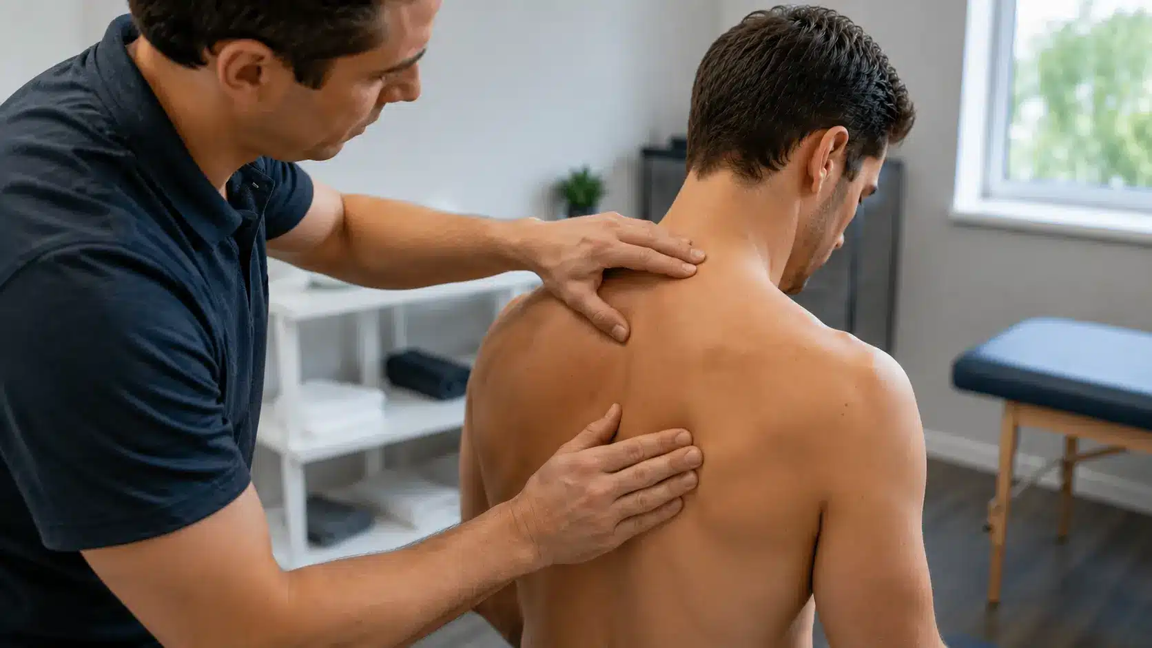 physical therapist gently pressing the upper trapezius and shoulder blade area