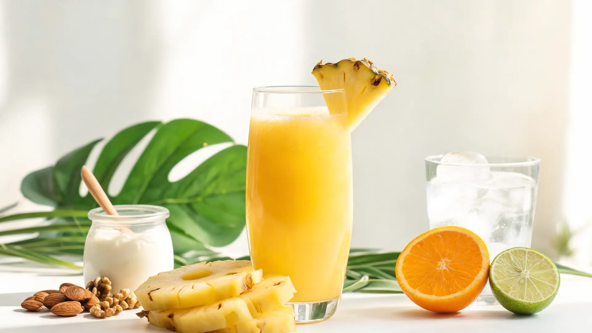 pineapple juice with fruits and wellness elements representing immunity digestion hydration energy and skin health benefits