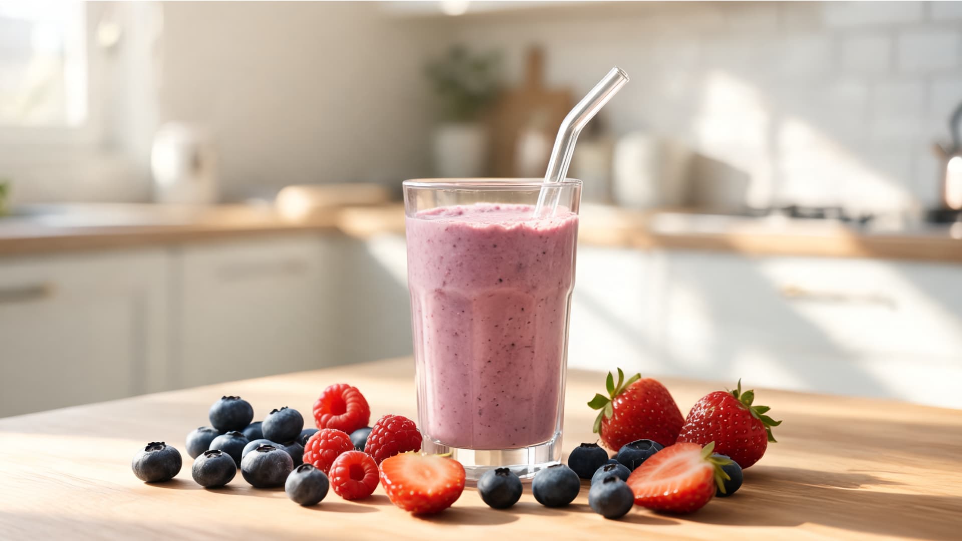 pink berry smoothie in a glass with a straw, surrounded by strawberries, blueberries and raspberries on a sunny table