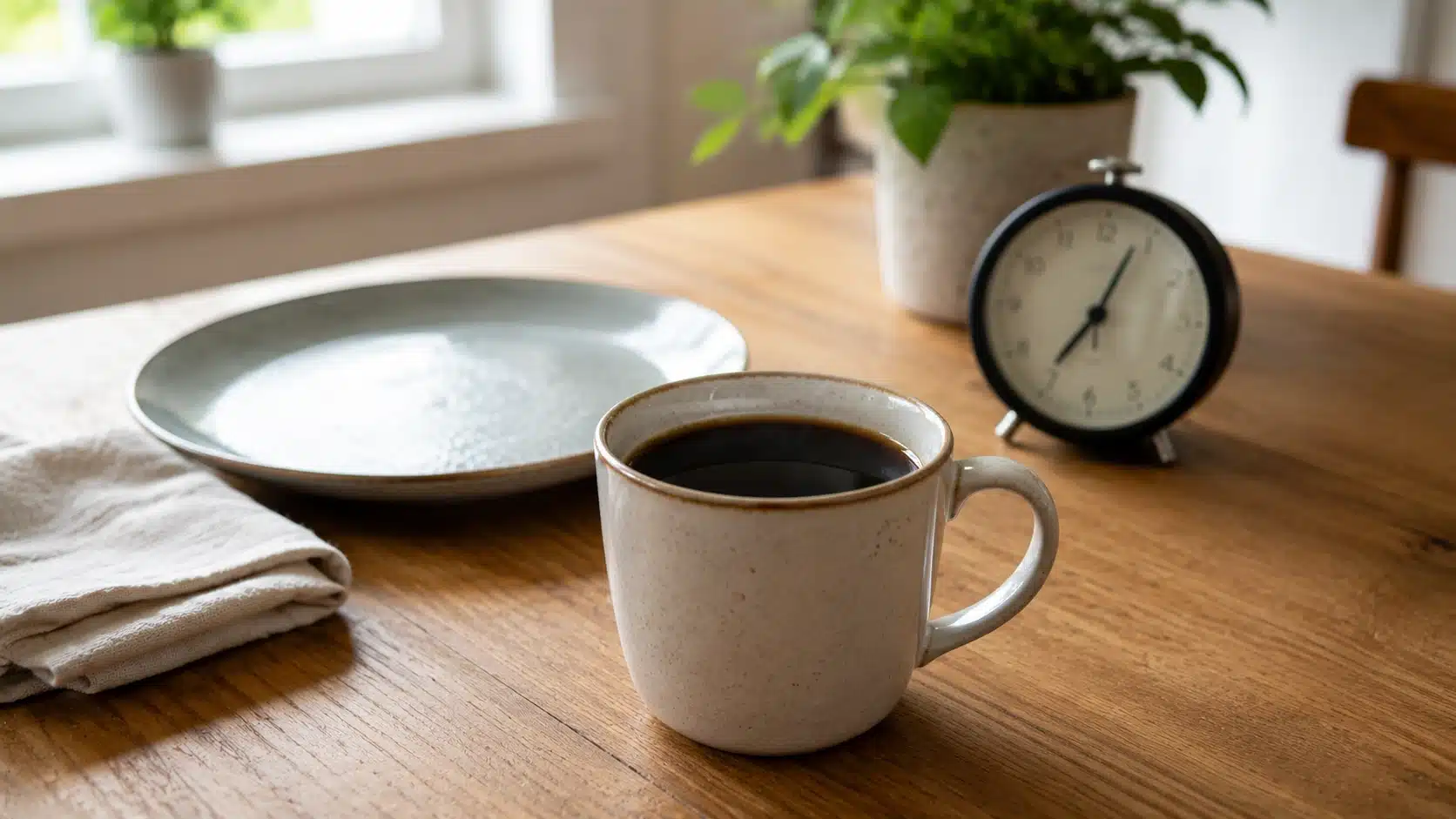 plain black coffee answering can you drink coffee while fasting with a clock and empty plate